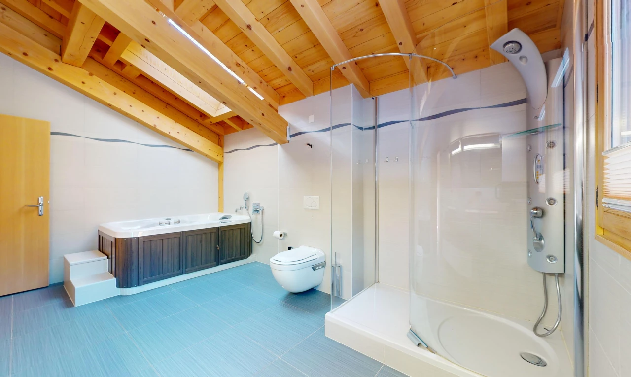 bathroom with vanity, toilet, a shower with door, tile flooring, and wood ceiling