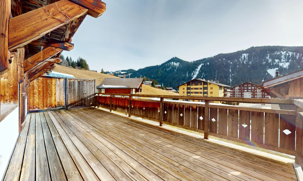 terrace with a mountain view