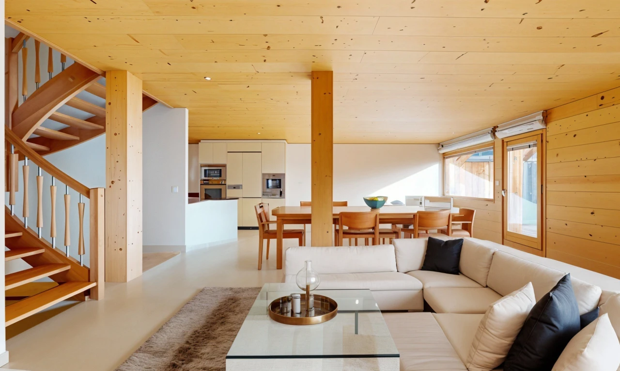 living / dining room with wood ceiling and concrete flooring