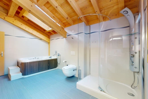 bathroom with vanity, toilet, a shower with door, tile flooring, and wood ceiling