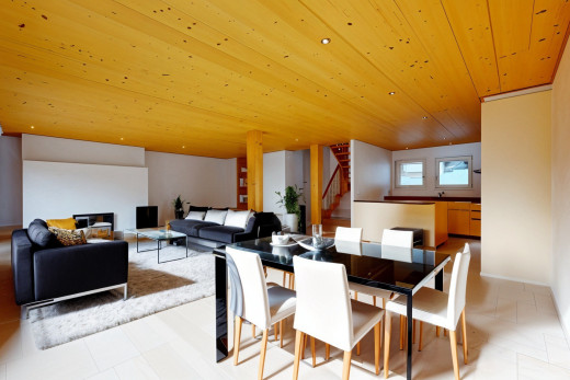 wohn- / esszimmer mit natürliches licht und holzdecke