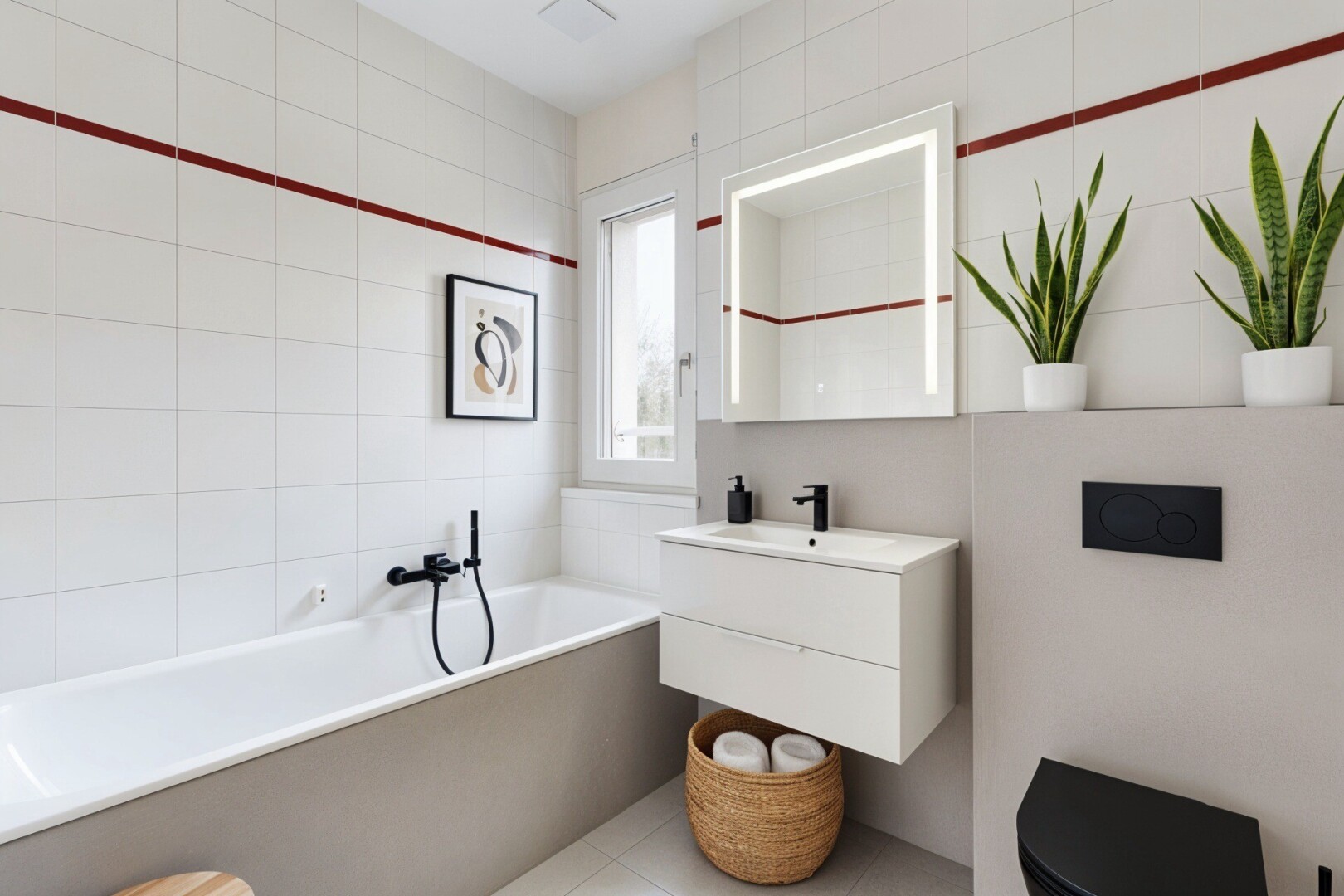 salle de bains avec toilette, tile wall, mur en carrelage, salle de bain complète, et miroir