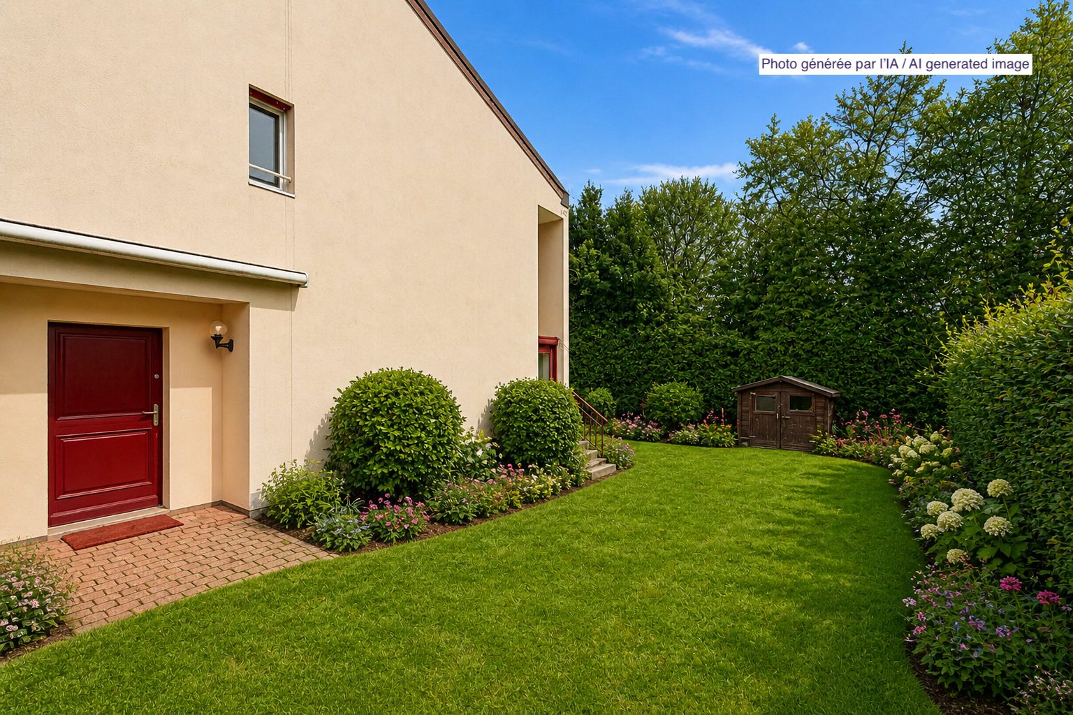 jardin avec pelouse, from property, abri, structure extérieure, et day time