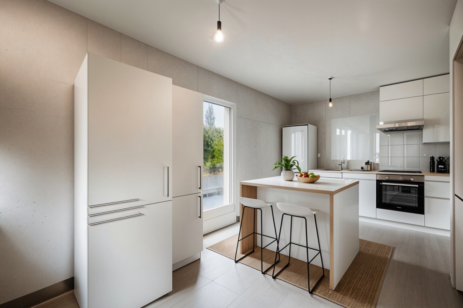 cuisine avec réfrigérateur, white cabinets, armoires blanches, pendant lighting, et éclairage suspendu