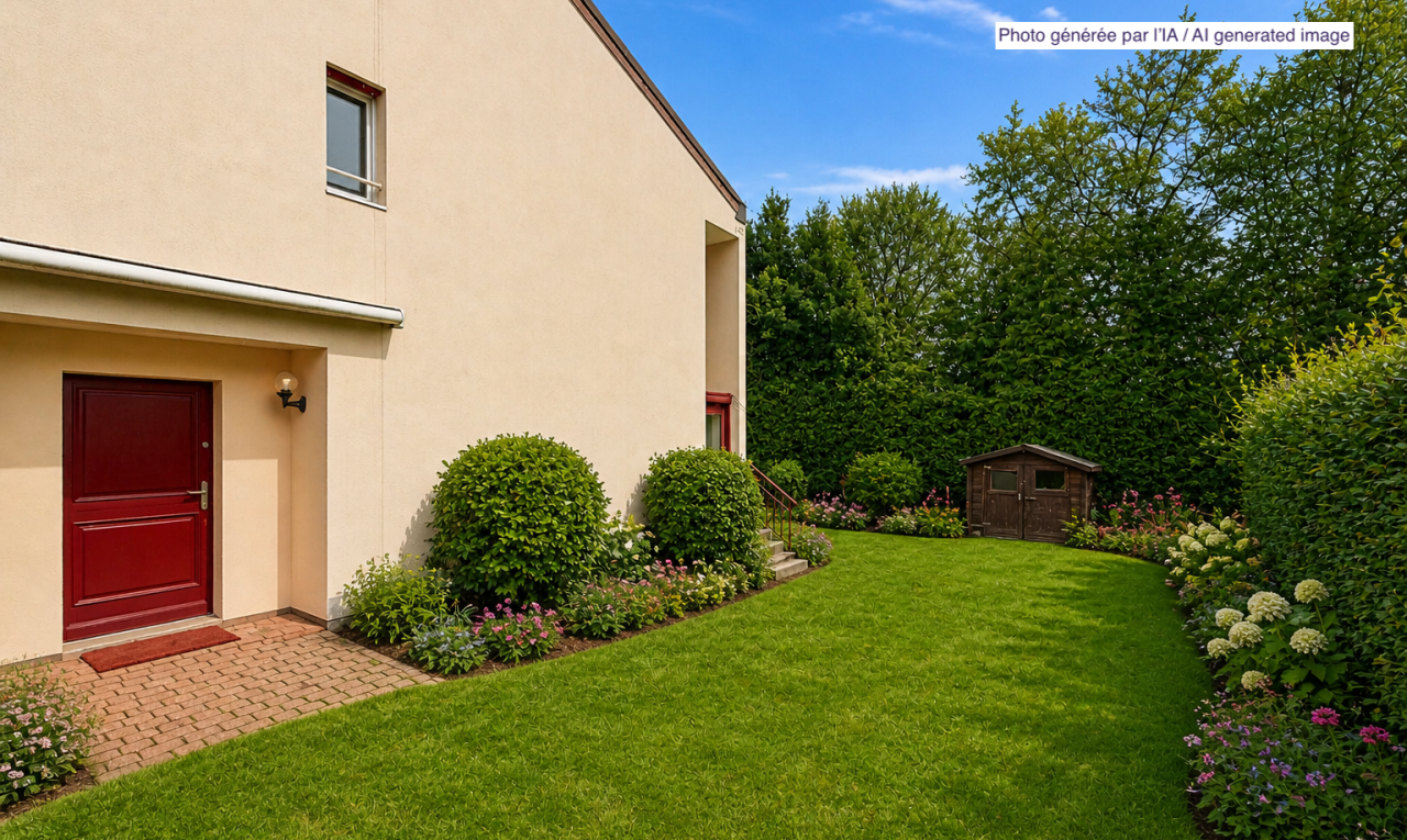 jardin avec pelouse, from property, abri, structure extérieure, et day time