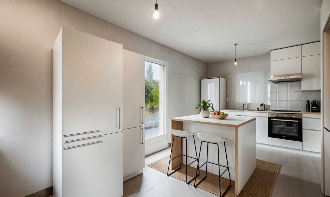 cuisine avec réfrigérateur, white cabinets, armoires blanches, pendant lighting, et éclairage suspendu