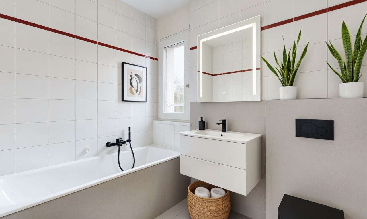 salle de bains avec toilette, tile wall, mur en carrelage, salle de bain complète, et miroir