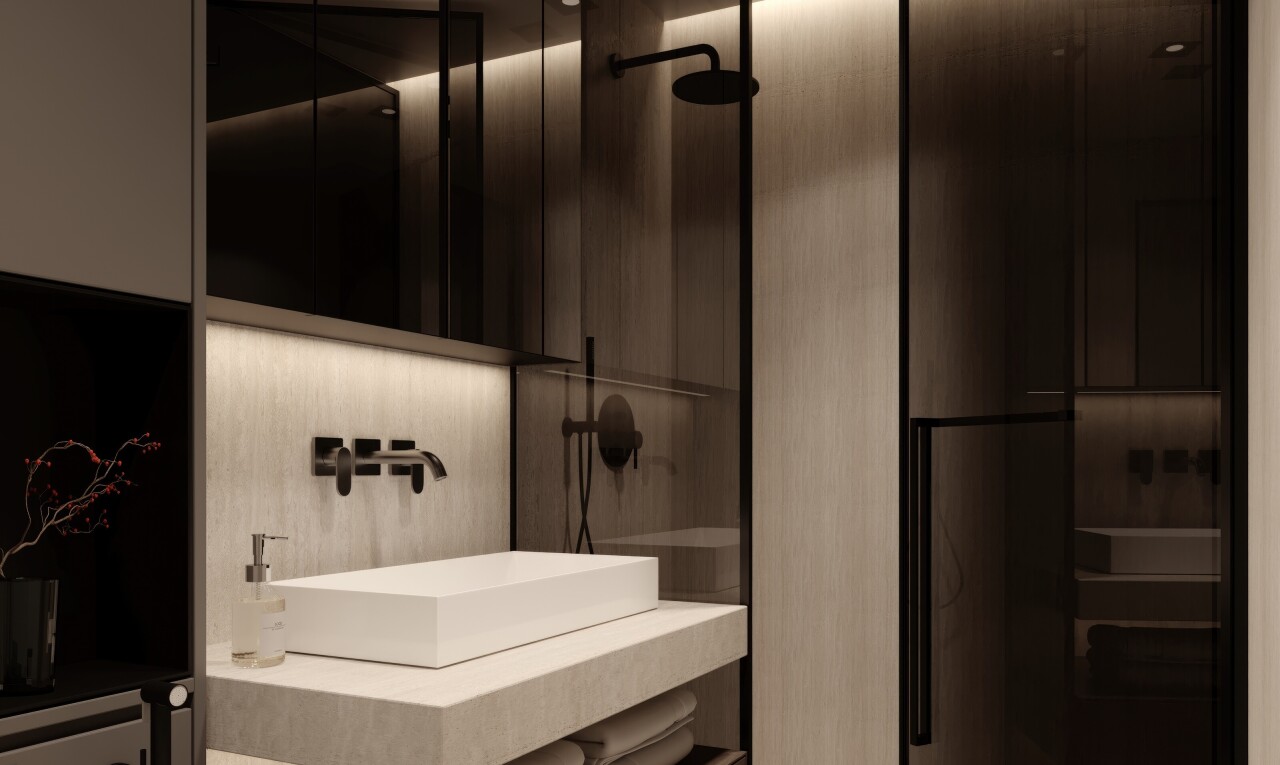 bad mit spiegel, waschbecken, schminktisch, rendered, und komplettes badezimmer