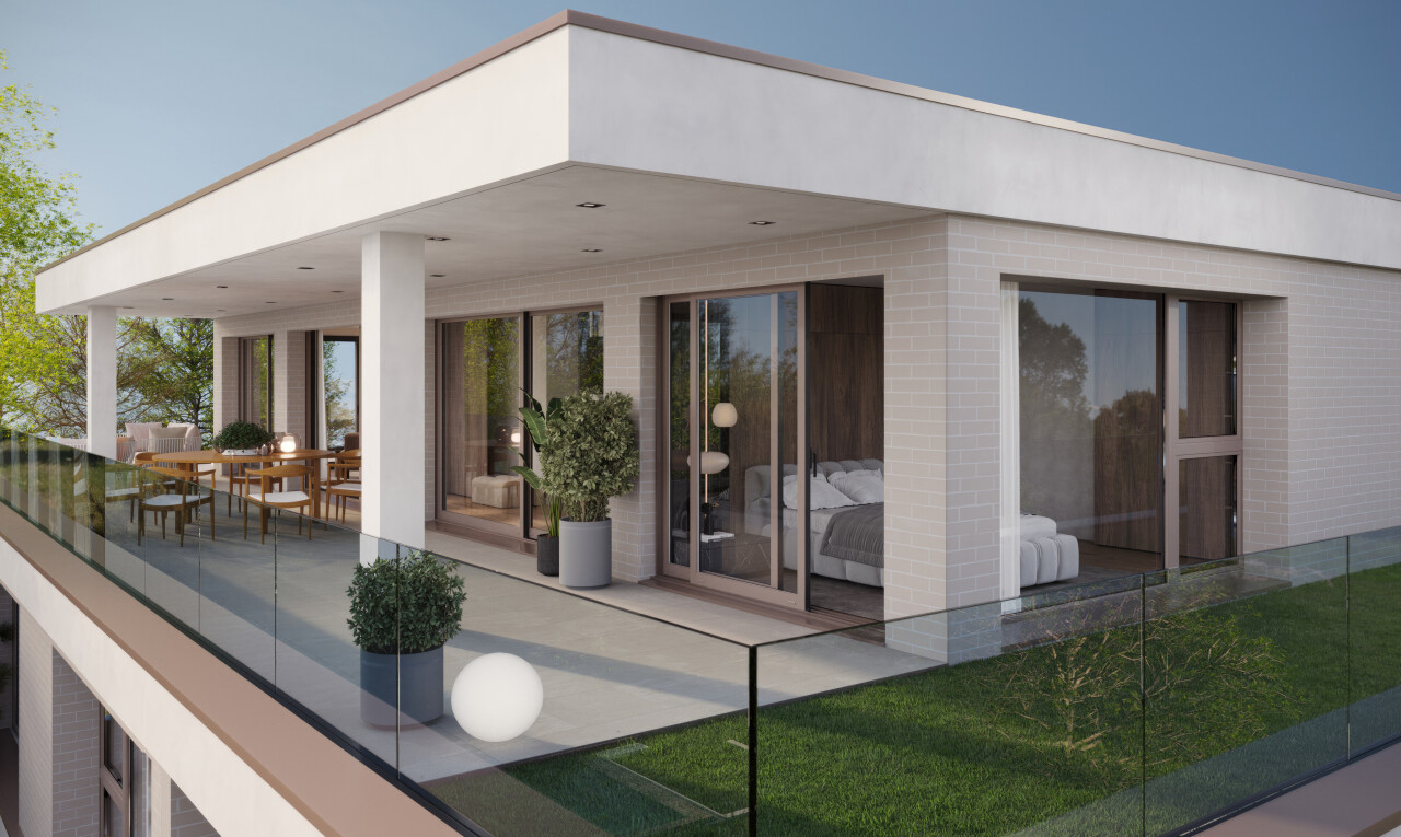 außenansicht mit day time, terrasse, property visible, rendered, und essbereich im freien