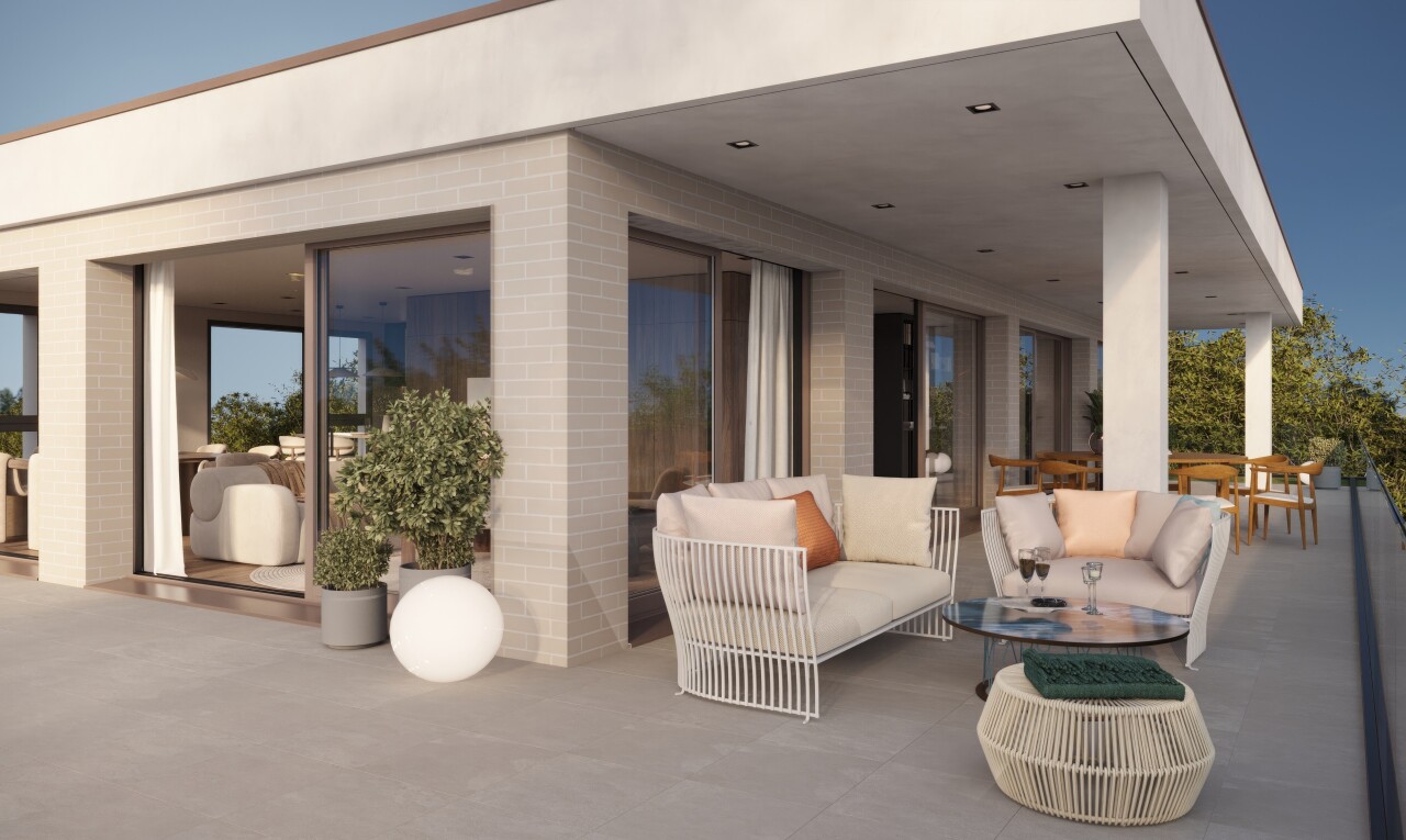 terrasse mit wohnraum im freien, property visible, terrasse, rendered, und day time
