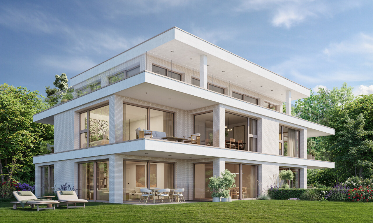 außenansicht mit balkon, property visible, rasen, terrasse, und ziegelverkleidung