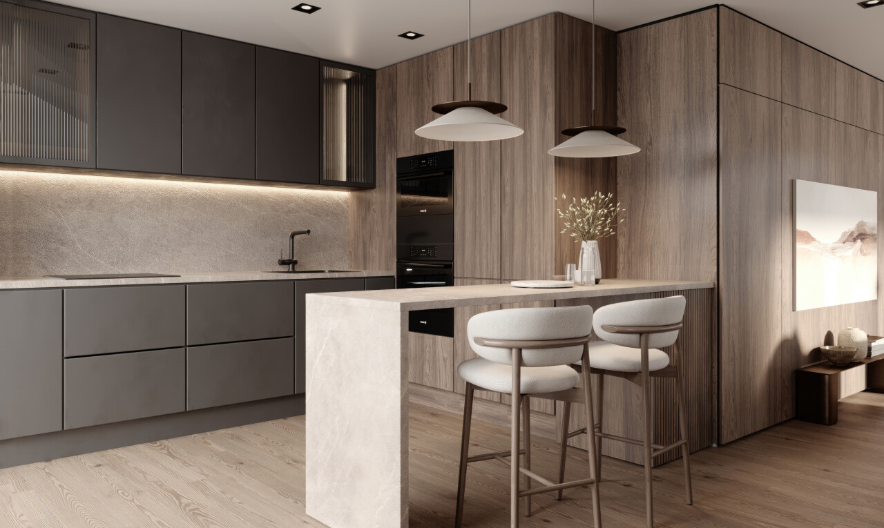 küche mit küchenbar, schränke mit flachen paneelen, wood finish floor, pendelleuchte, und doppel backofen