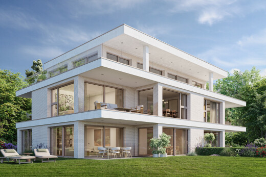 außenansicht mit balkon, property visible, rasen, terrasse, und ziegelverkleidung