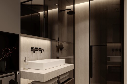 bad mit spiegel, waschbecken, schminktisch, rendered, und komplettes badezimmer