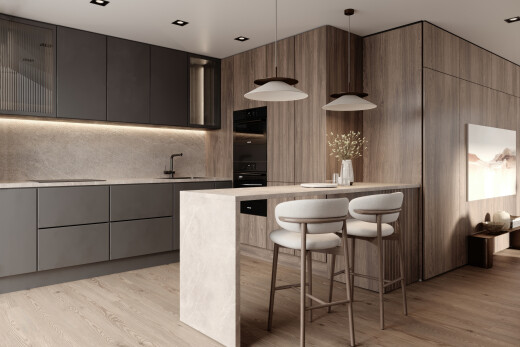 küche mit küchenbar, schränke mit flachen paneelen, wood finish floor, pendelleuchte, und doppel backofen