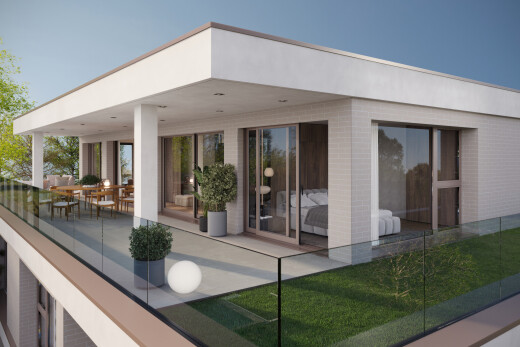 außenansicht mit day time, terrasse, property visible, rendered, und essbereich im freien