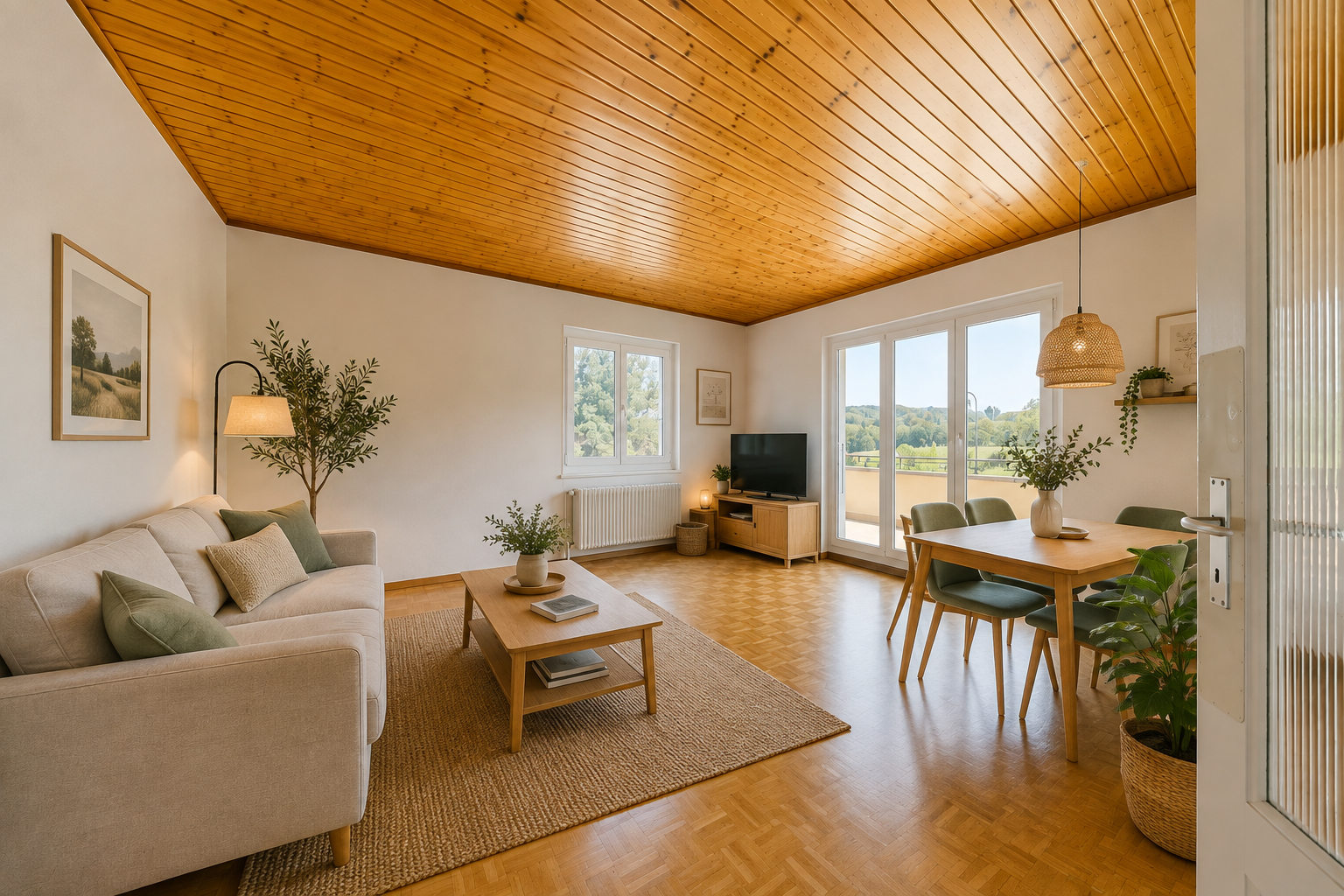 pièce vide avec plafond en bois, wood ceiling, cloison sèche, drywall, et sol en finition bois
