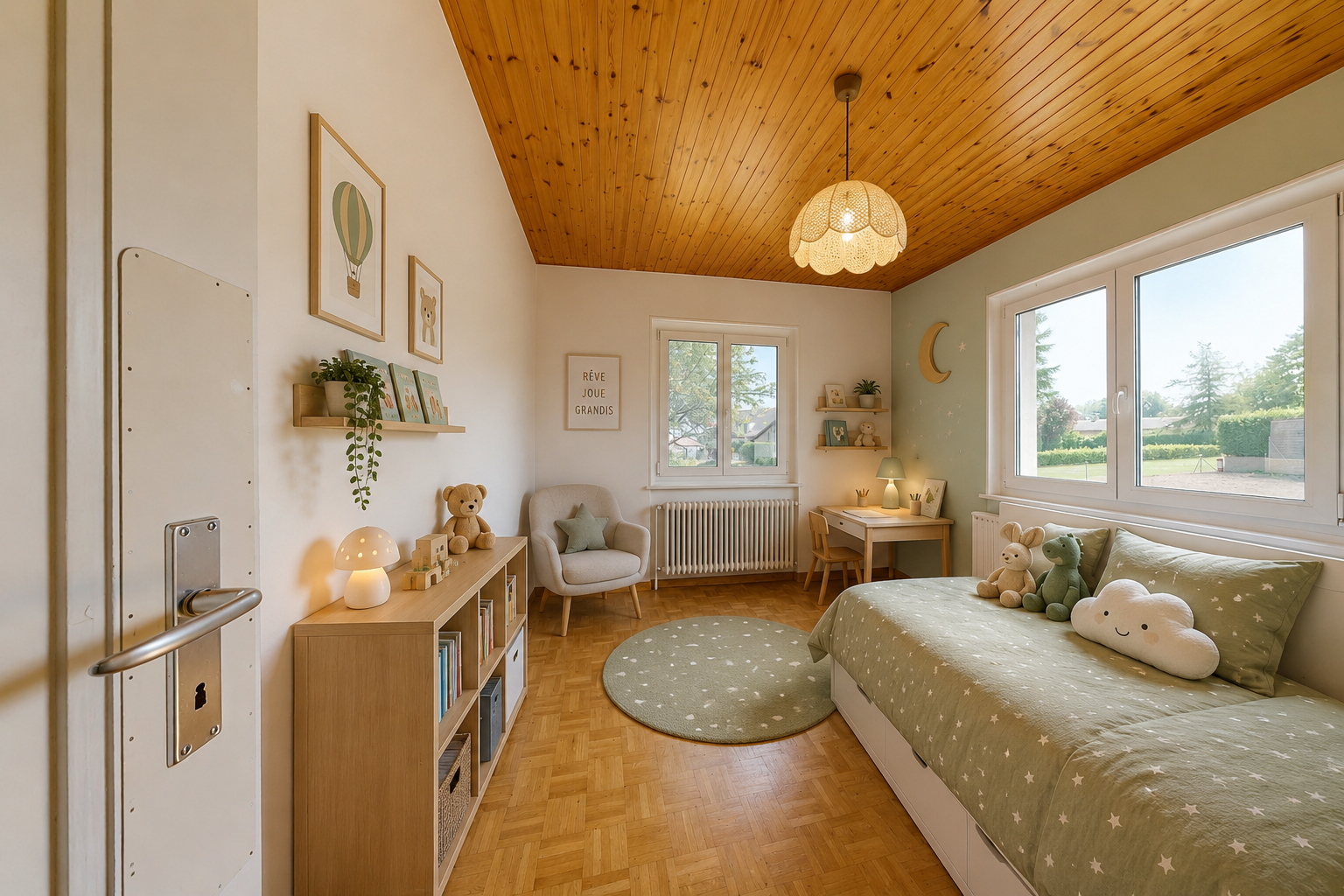 pièce vide avec plafond en bois, wood ceiling, sol en finition bois, wood finish floor, et cloison sèche