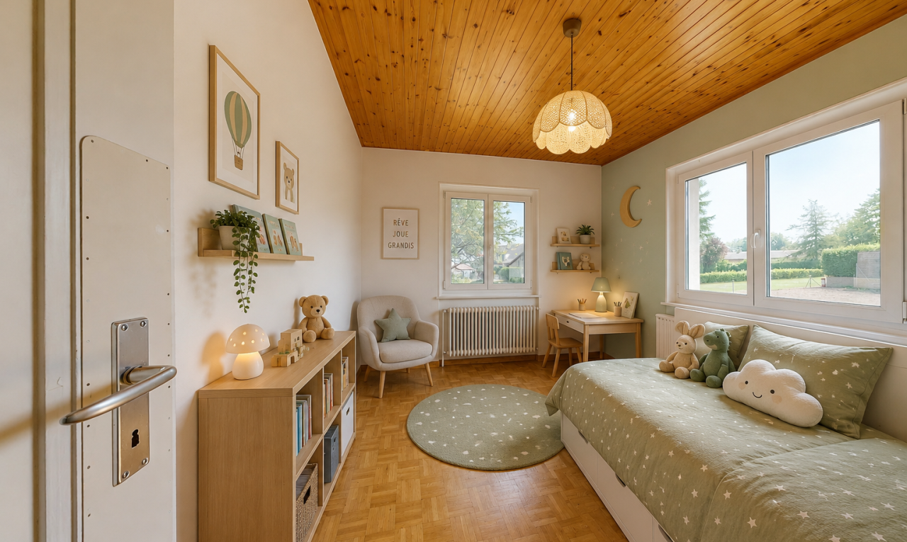 pièce vide avec plafond en bois, wood ceiling, sol en finition bois, wood finish floor, et cloison sèche