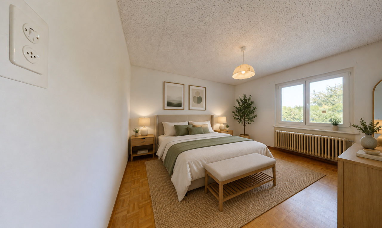 pièce vide avec plafond texturé, textured ceiling, radiateur, cloison sèche, et drywall