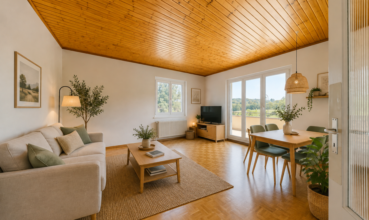 pièce vide avec plafond en bois, wood ceiling, cloison sèche, drywall, et sol en finition bois