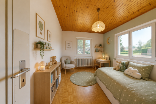 pièce vide avec plafond en bois, wood ceiling, sol en finition bois, wood finish floor, et cloison sèche