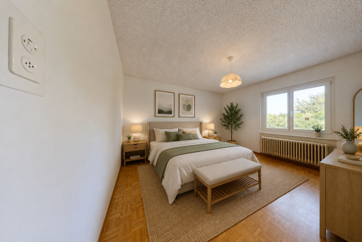 pièce vide avec plafond texturé, textured ceiling, radiateur, cloison sèche, et drywall