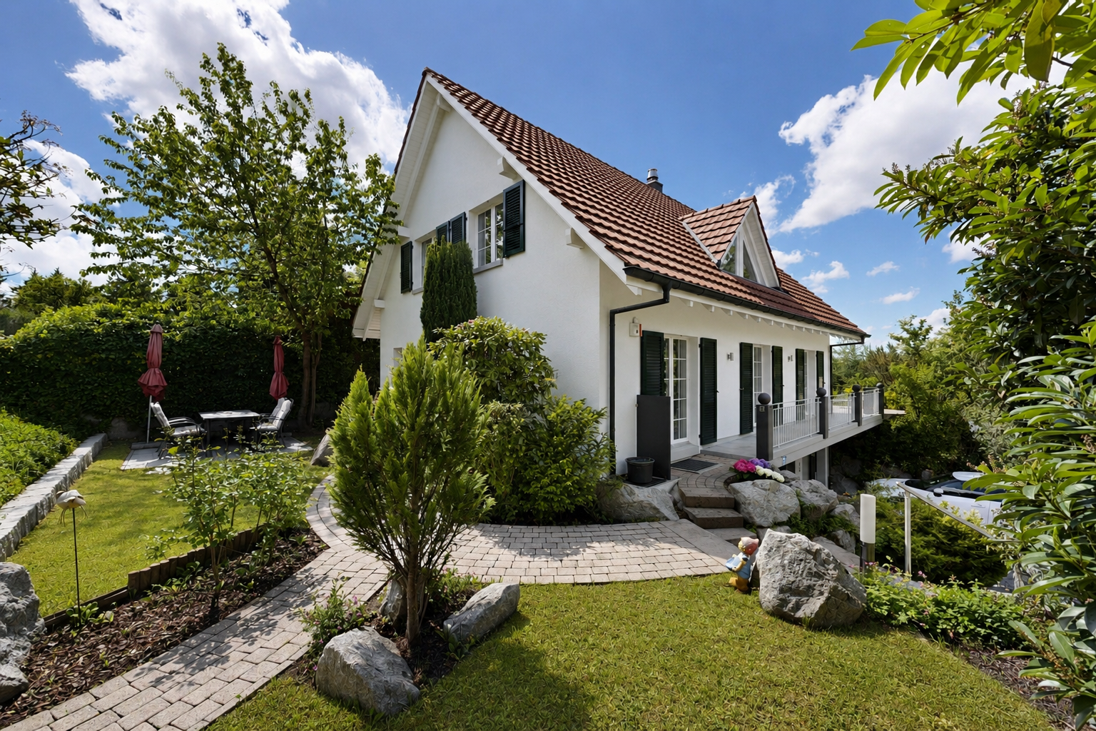 façade avec pelouse, from property, day time, toit en tuiles, et bardage en stuc