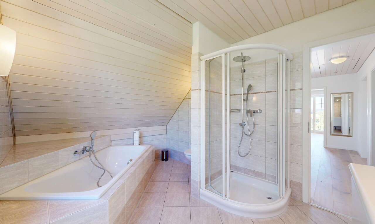 salle de bains avec plafond en bois, wood ceiling, bain, douche, et salle de bain complète