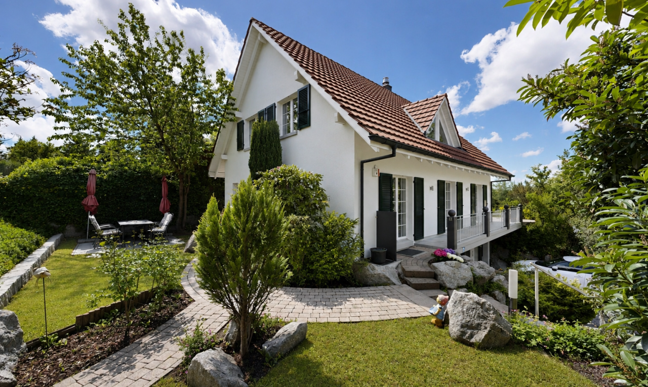 façade avec pelouse, from property, day time, toit en tuiles, et bardage en stuc