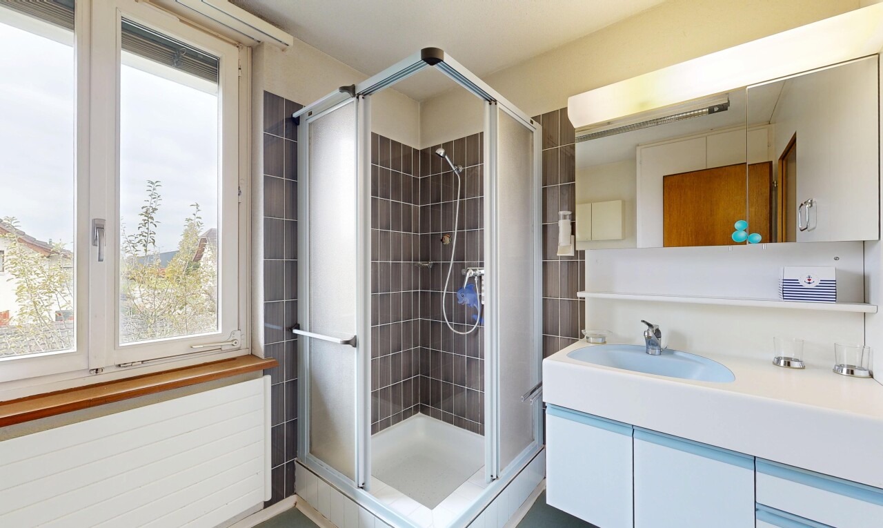 salle de bains avec lavabo (ou coiffeuse selon le contexte), inside property, lumière naturelle, natural light, et salle de bain complète