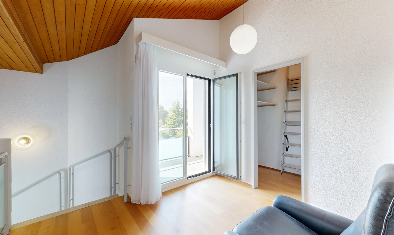 pièce vide avec plafond voûté, vaulted ceiling, plafond en bois, wood ceiling, et éclairage suspendu