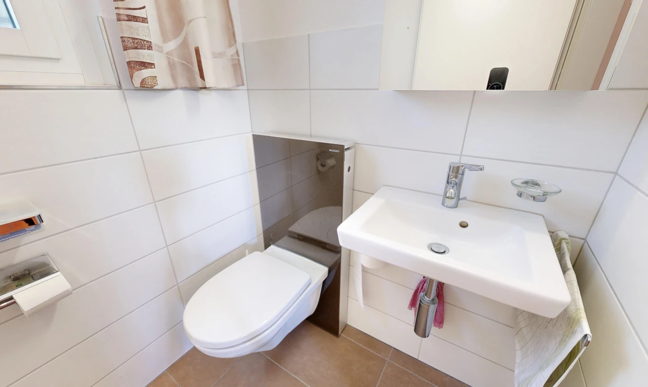 salle de bains avec toilette, évier, miroir, tile wall, et mur en carrelage