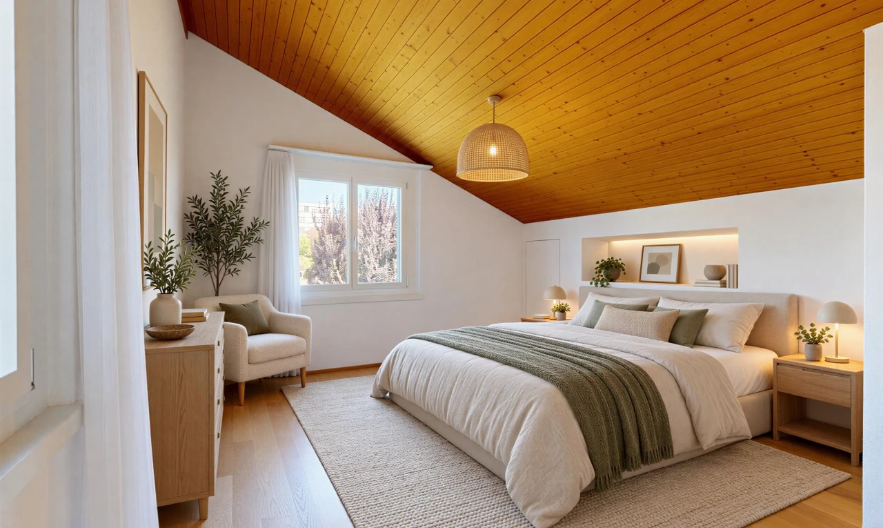 pièce vide avec vaulted ceiling, plafond voûté, wood ceiling, plafond en bois, et drywall