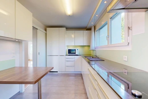 cuisine avec hotte, armoires à panneau plat, flat panel cabinets, plaque de cuisson, et light floor