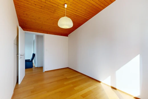 pièce vide avec éclairage suspendu, plafond en bois, wood ceiling, cloison sèche, et drywall