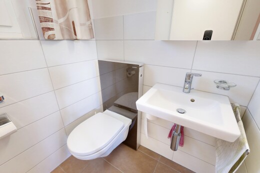 salle de bains avec toilette, évier, miroir, tile wall, et mur en carrelage