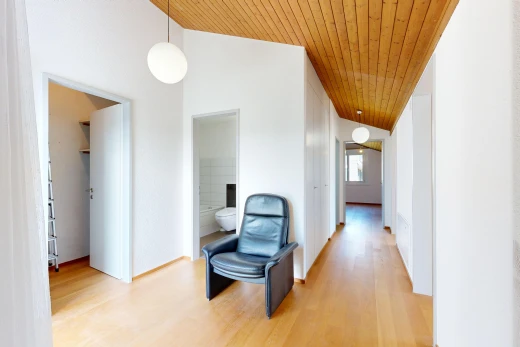 couloir avec éclairage suspendu, vaulted ceiling, plafond voûté, wood ceiling, et plafond en bois