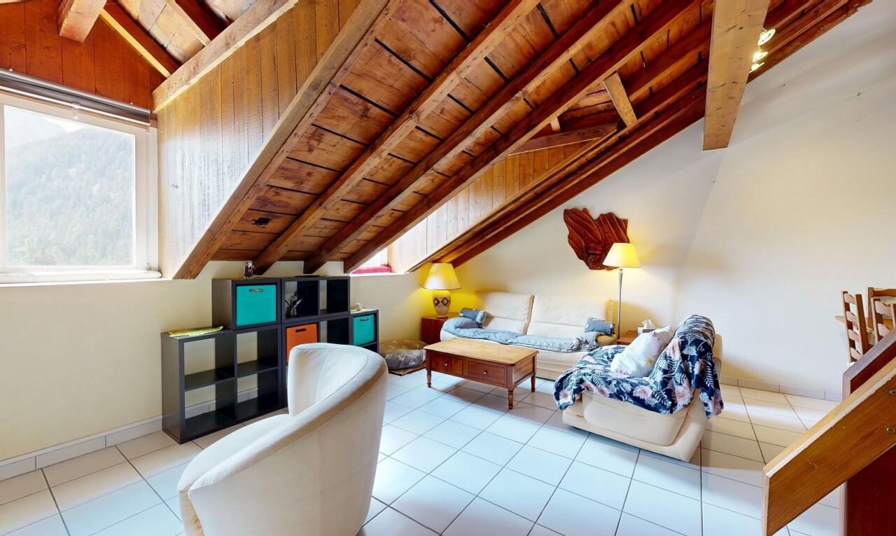 salon avec plafond voûté, vaulted ceiling, plafond en bois, wood ceiling, et cloison sèche