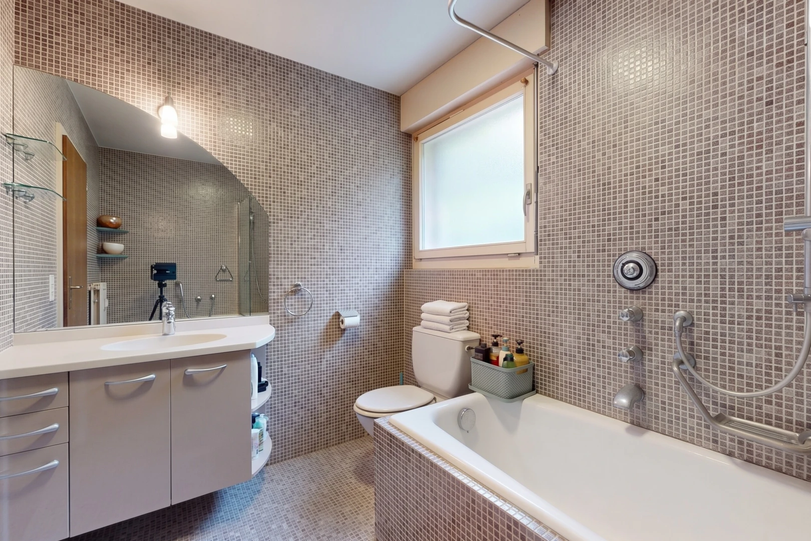 salle de bains avec mur en carrelage, tile wall, salle de bain complète, toilette, et lavabo (ou coiffeuse selon le contexte)