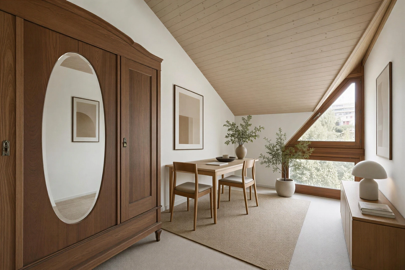 salle à manger avec vaulted ceiling, plafond voûté, wood ceiling, plafond en bois, et wood wall