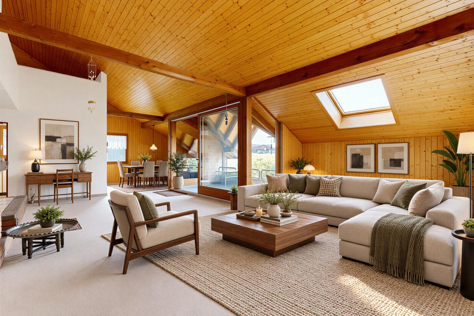pièce vide avec vaulted ceiling, plafond voûté, puits de lumière, accès à l'extérieur, et beamed ceiling