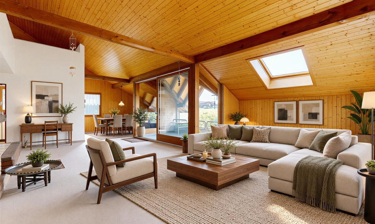 pièce vide avec vaulted ceiling, plafond voûté, puits de lumière, accès à l'extérieur, et beamed ceiling