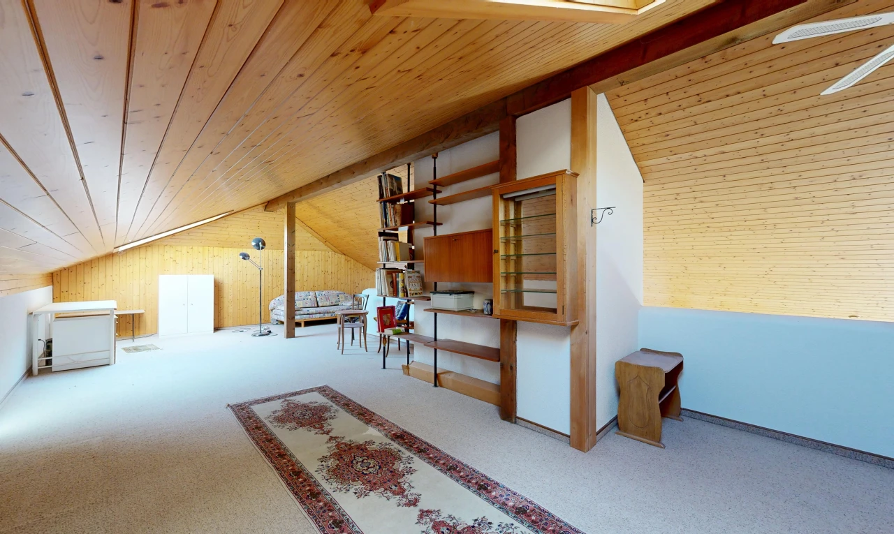pièce vide avec plafond voûté, vaulted ceiling, plafond en bois, wood ceiling, et pièce supplémentaire