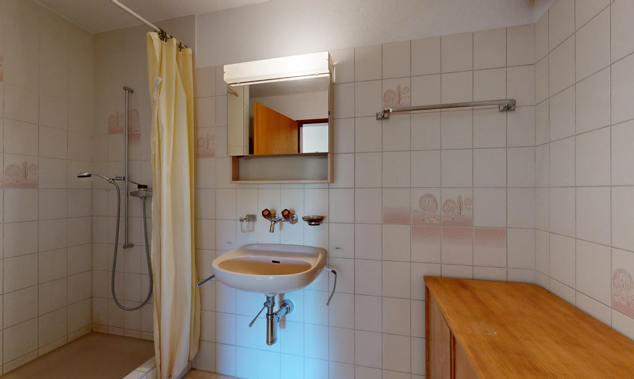 salle de bains avec miroir, douche, salle de bain complète, inside property, et mur en carrelage