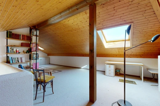 chambre avec plafond en bois, wood ceiling, puits de lumière, moquette, et carpet