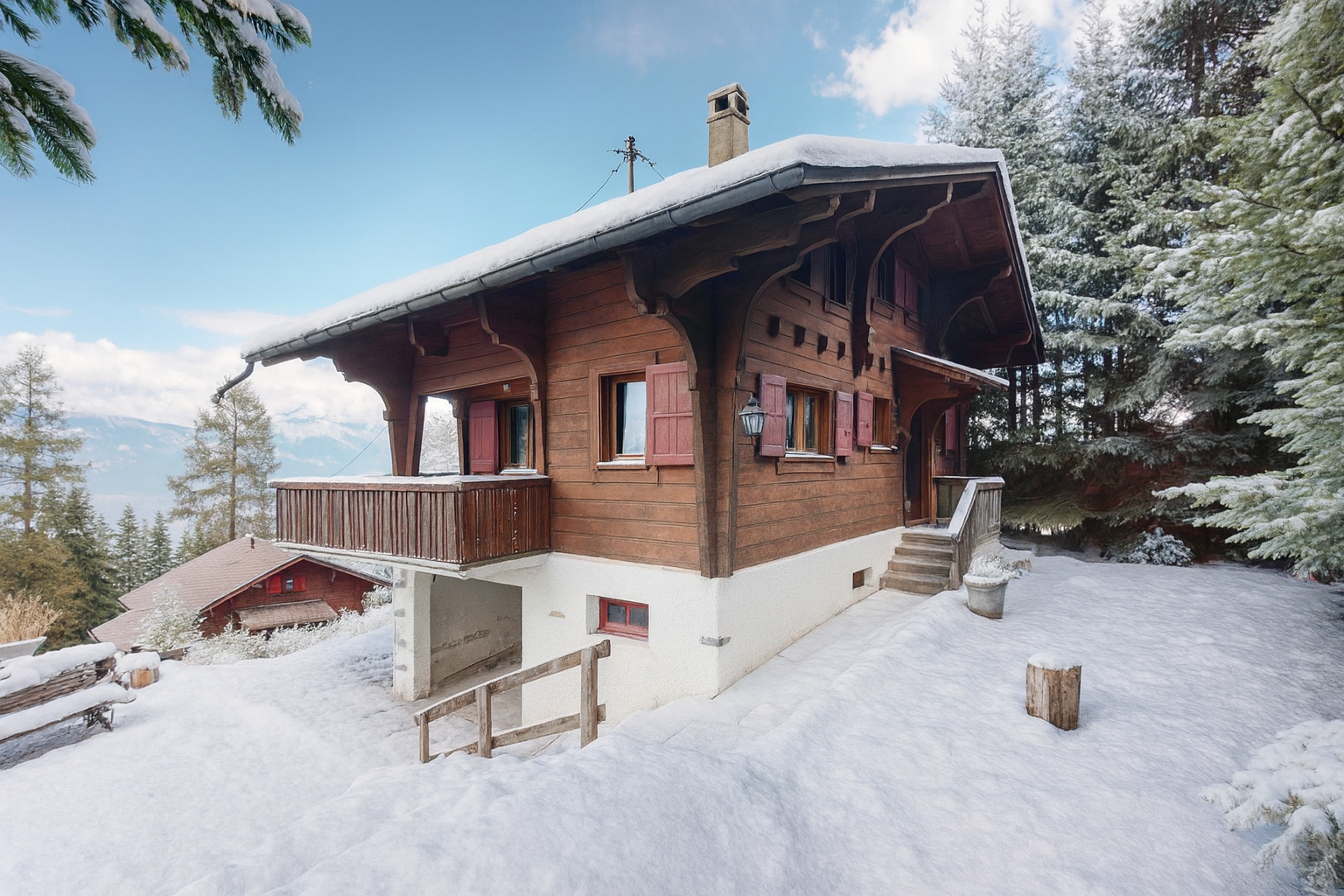 außenansicht mit snow, holzverkleidung, property visible, horizontale verkleidung, und schornstein