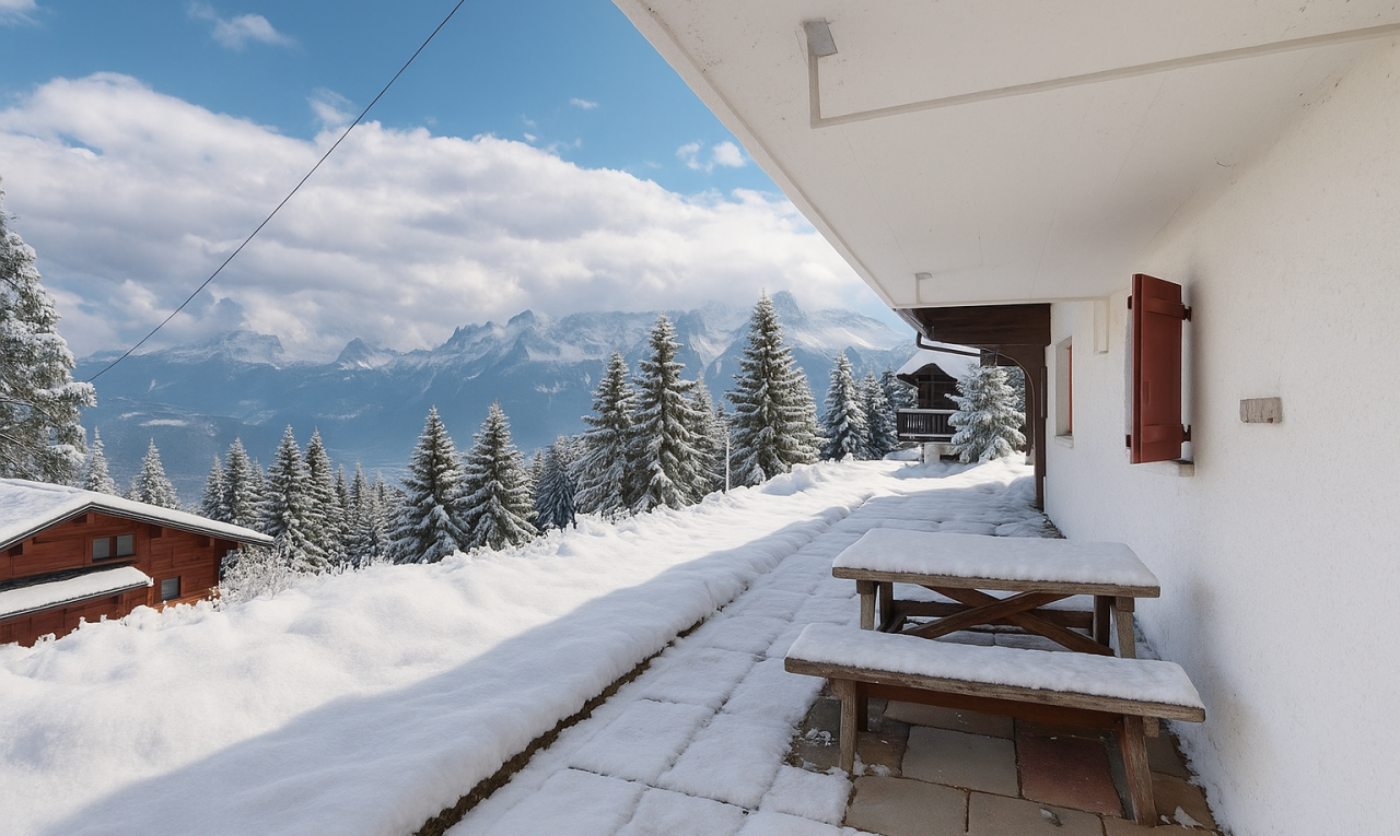 balkon mit day time, snow, from property, mountain view, und blick auf die berge