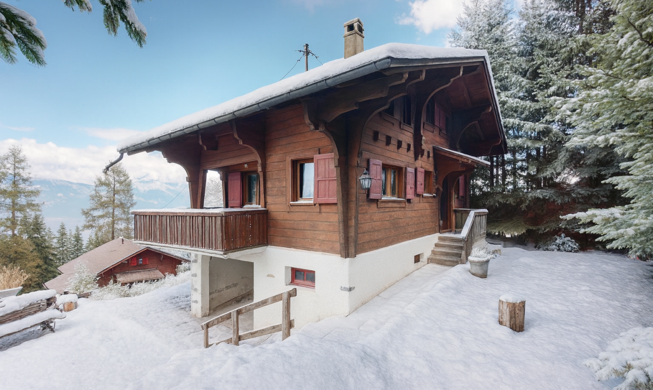 außenansicht mit snow, holzverkleidung, property visible, horizontale verkleidung, und schornstein