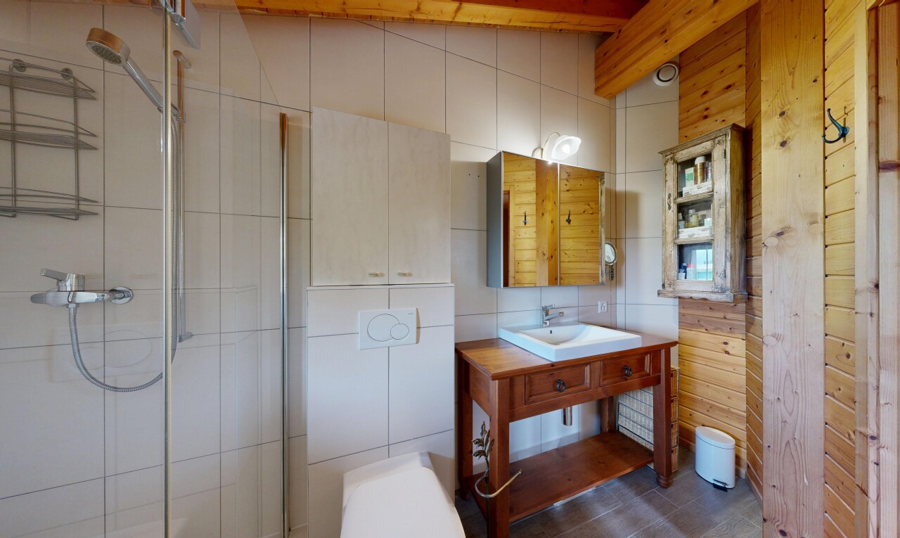 bad mit spiegel, komplettes badezimmer, dusche, waschbecken, und inside property